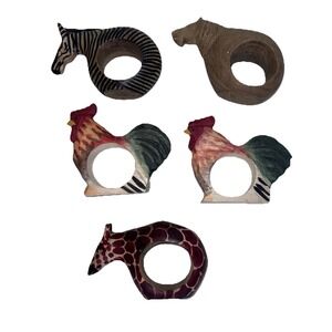 Vintage Rustic Country Handcrafted Wood Animal Napkin Rings 5 Pc Set
